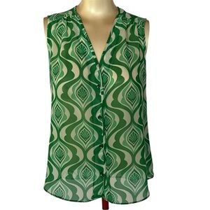 CAbi Sheer Green Mod Pattern Button Down Sleeveless Blouse - Retro Style - Small